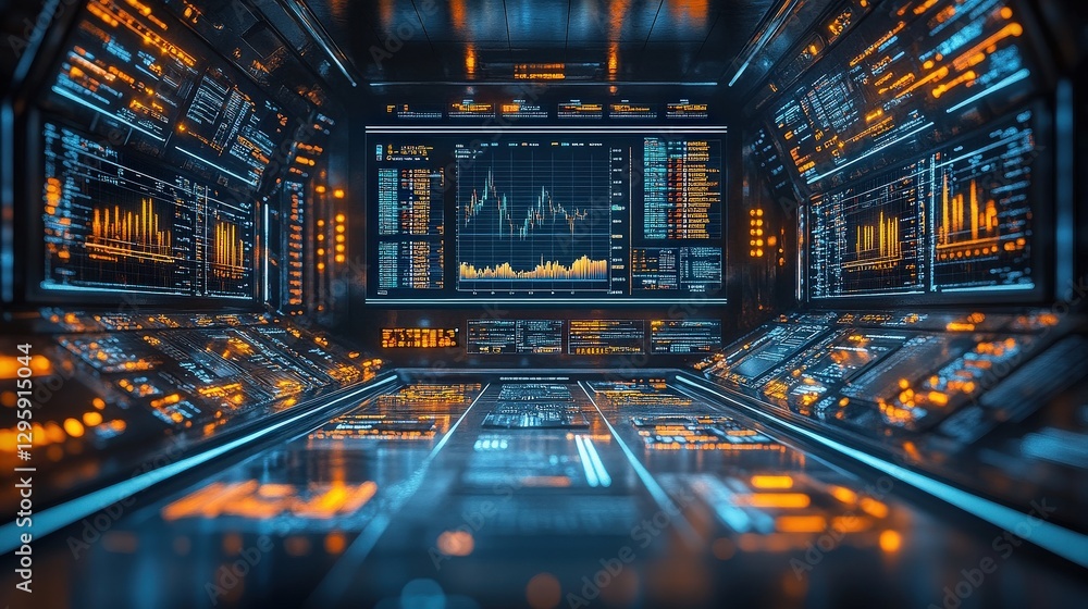 Poster Futuristic Digital Control Room with Graphs and Data Displays Emphasizing Technological Innovation and Data Analysis in a Sci-Fi Environment
