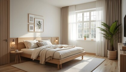 Fototapeta premium Cozy Minimalist Scandinavian Hotel Room with Warm Natural Light