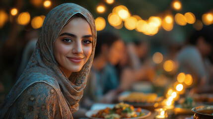 A group of Muslim friends and family enjoy a joyful evening gathering with delicious food, warm lights, and laughter, creating memorable moments of connection and celebration