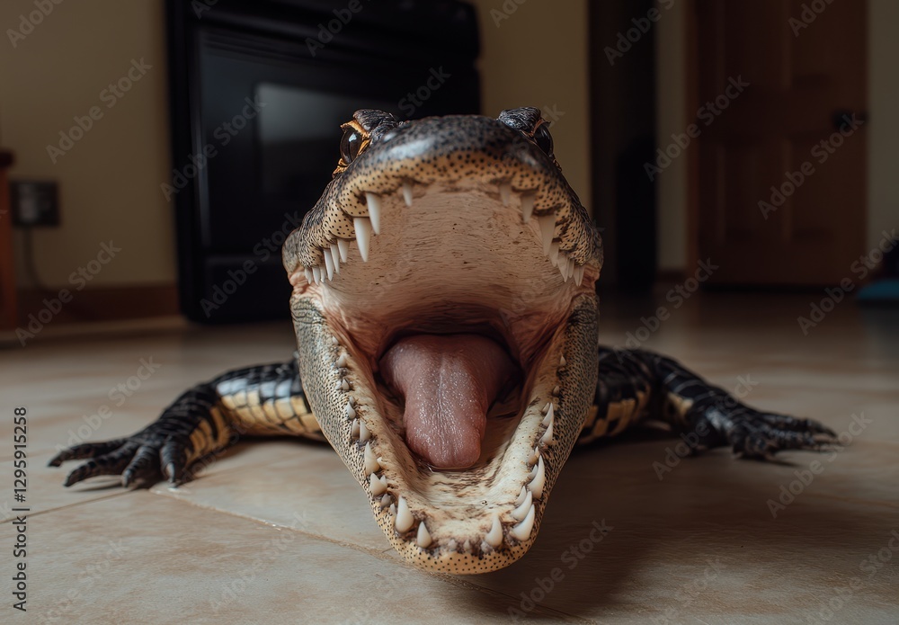 Poster close-up of alligator with mouth open and tongue out in indoor environment showcasing its sharp teet
