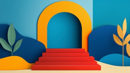 Abstract 3D Red Staircase Leading to Yellow Archway with Blue and Orange Background