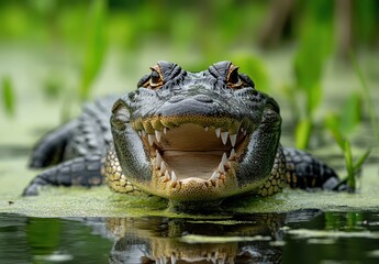 Obraz premium Close-Up of Alligator with Mouth Open in a Marshy Environment Surrounded by Greenery and Water Plants, Capturing Nature's Wild Beauty and Terrifying Features