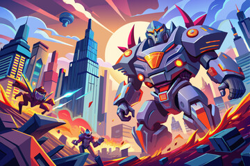 Giant robots fighting in a futuristic city, with buildings falling and explosions all around, intense, fast-paced, dramatic, stylized, futuristic