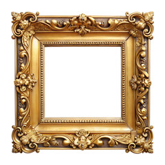 Gold Ornate Square Picture Frame with Intricate Floral and Scrollwork Designs, Isolated on Transparent Background: Ideal for Classical Paintings or Important Photographs