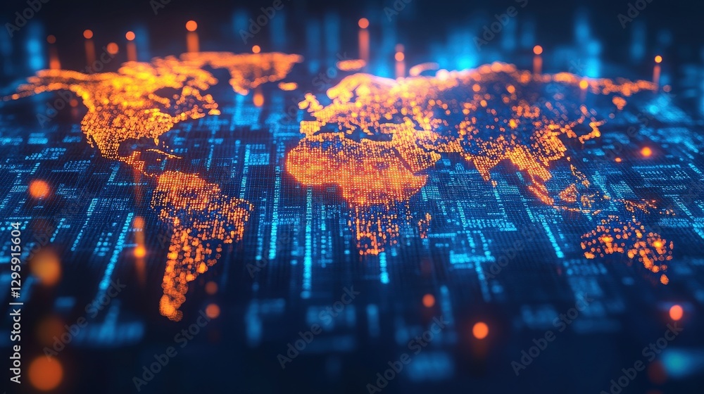 Poster high-tech digital world map with orange and blue data visualization representing global connectivity