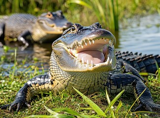 Obraz premium Close-up of Alligator with Open Mouth and Sharp Teeth Lying on Grass Near Water with Another Alligator in the Background in Bright Natural Environment