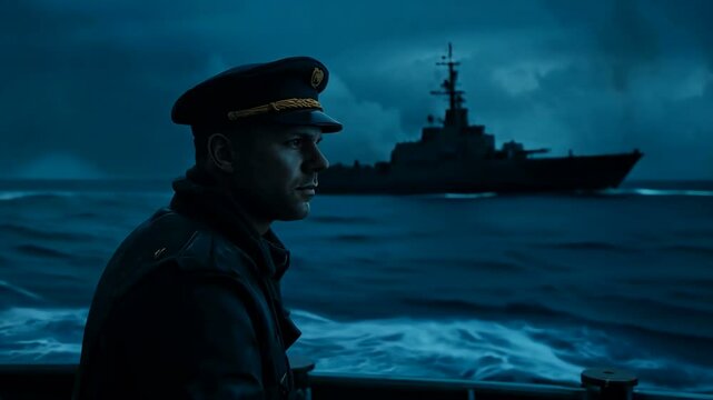 A Naval Officer is Lost in Thought as He Bravely Faces the Challenges of Stormy Seas and High Waves Ahead