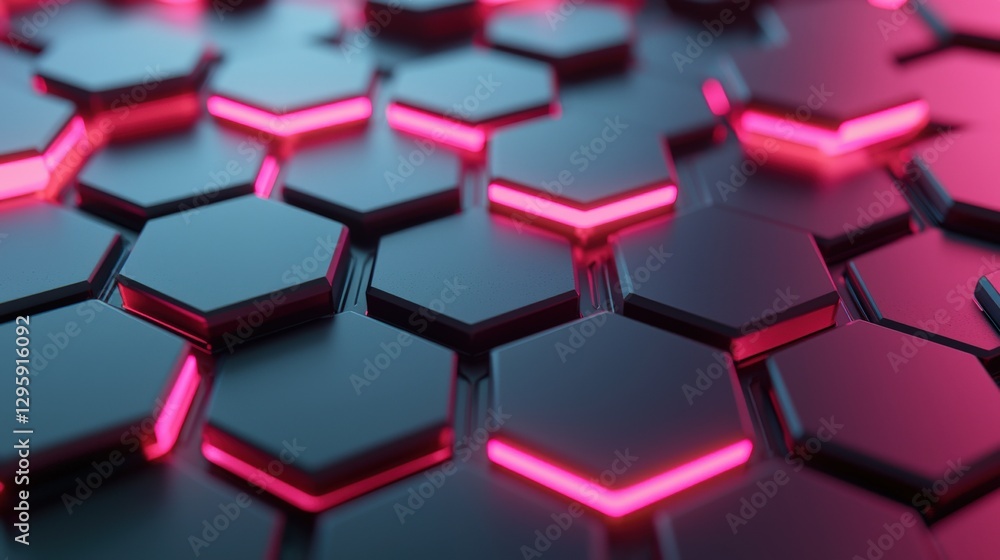 Poster material science nanomaterials concept. futuristic hexagonal pattern with vibrant neon lighting.