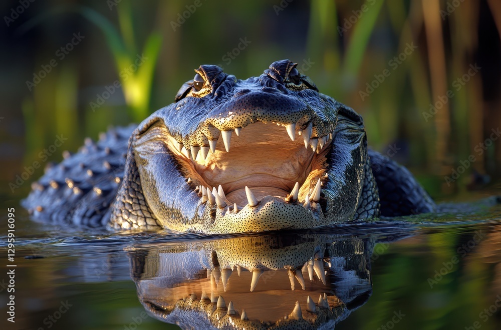 Poster close-up of alligator with open mouth displaying sharp teeth in a serene wetland setting with reflec