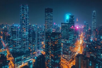 Obraz premium Night view of a bustling city skyline filled with bright lights and towering skyscrapers