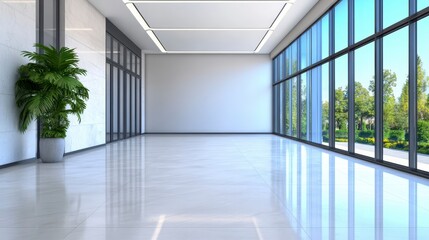 Bright Modern Office Interior with Marble Floor and Large Windows