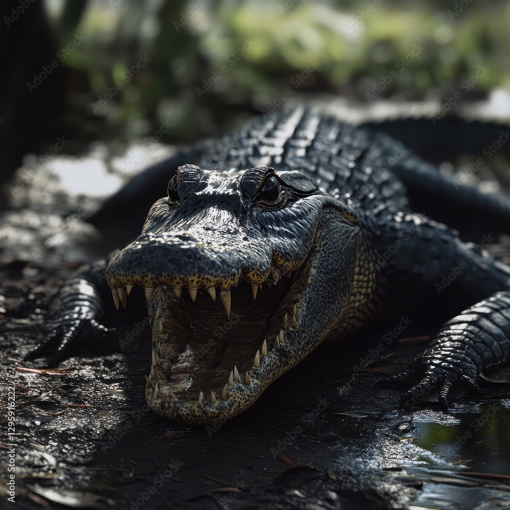 Poster close-up of alligator with open mouth exposing sharp teeth in a natural wetland setting surrounded b