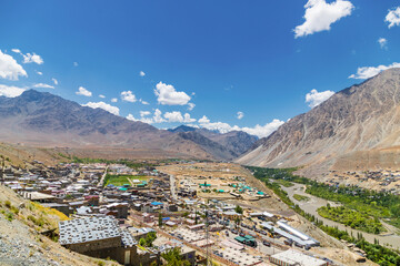 Top view of the Indus River and Kargil City with beautiful Himalayan mountains in the union territory of Ladakh in India.