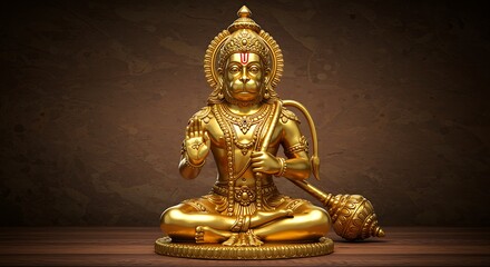 Happy Hanuman Jayanti, celebrates the birth of Lord Golden deity statue, Hindu god, lotus position, blessing gesture, ornate jewelry, divine aura, intricate details, spiritual figure, red background, 