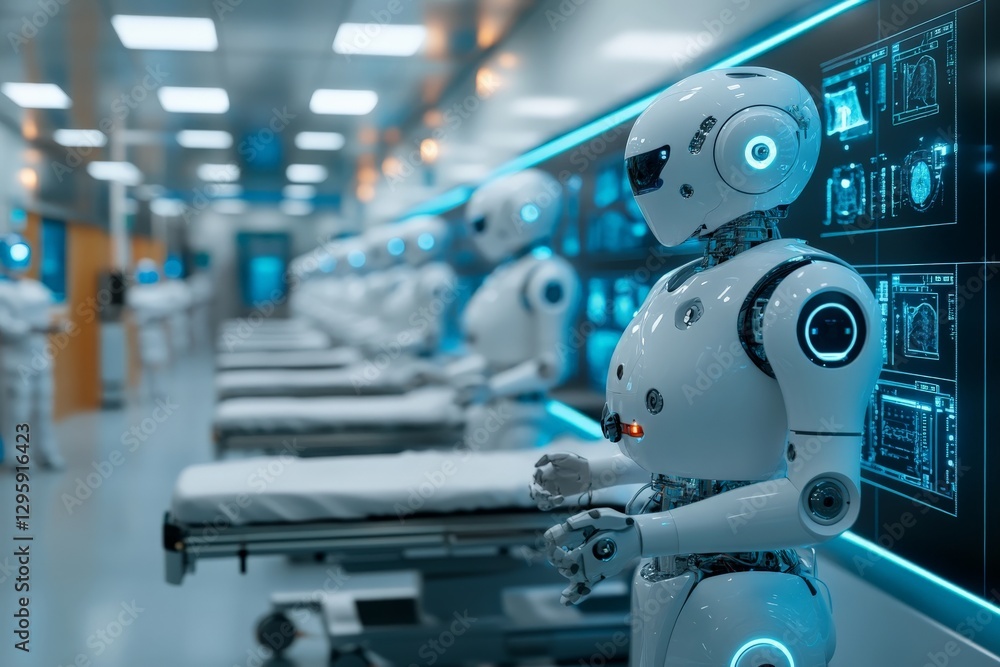 Poster robots operate within a futuristic healthcare facility showcasing advanced technology and medical in