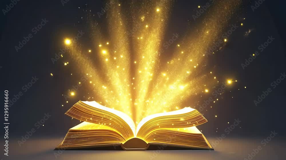Poster open book emits glowing golden light and sparkles, creating magical and enchanting atmosphere with r