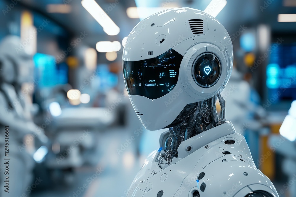 Fototapete Futuristic humanoid robot in a sterile environment engaging in advanced technological tasks