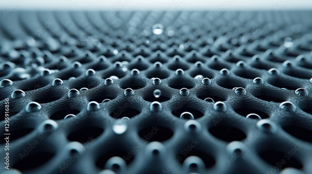 Poster material science nanomaterials concept. close-up of textured surface with water droplets in a geomet