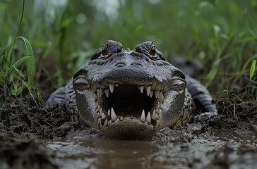 Obraz premium Close-Up of Alligator with Open Mouth in Wetland Environment Surrounded by Green Grass and Water, Capturing Nature's Wild Beauty