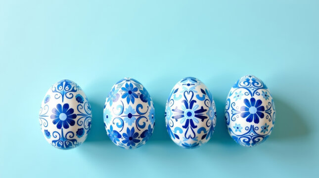 Delicate pastel blue Easter eggs on a soft blue background, perfect for creative projects, seasonal designs