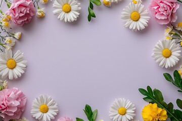 Floral Frame with Carnations and Daisies on Purple Background, Pink and red carnations, white daisies, and greenery arranged in a decorative floral border on a pastel purple background.  
