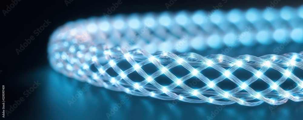 Poster material science nanomaterials concept. glowing blue mesh in a dark environment showcasing texture a