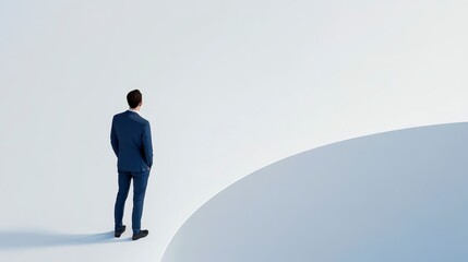 Obraz premium Contemplative Businessman on Minimalist White Platform