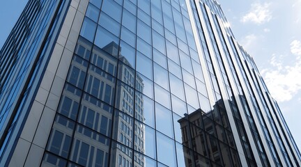 Striking urban skyscraper reflecting the sky, showcasing modern architecture and sleek design within a vibrant city landscape.  