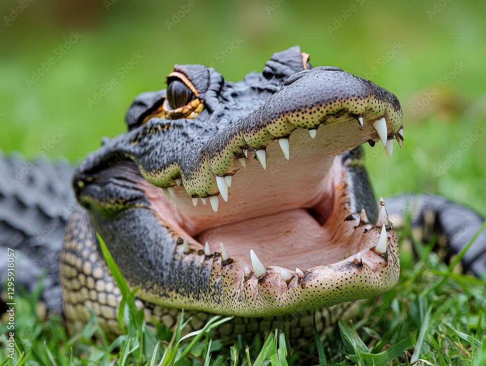 Poster close-up of alligator with open mouth showcasing sharp teeth and unique texture in natural habitat o