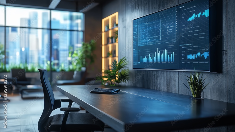 Poster modern office workspace with data visualization screens