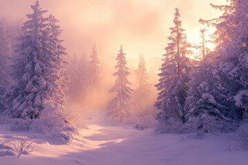 Winter wonderland, snow-covered pine forest, pastel pink sky, golden sunlight, long shadows