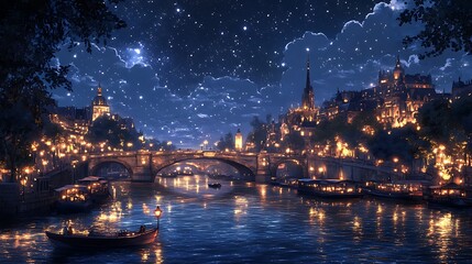 Fototapeta premium An anime-style Seine River scene at night, with starlit skies creating a celestial glow, lantern-lit boats floating serenely, and the iconic bridges softly lit, evoking a magical Parisian ambiance.