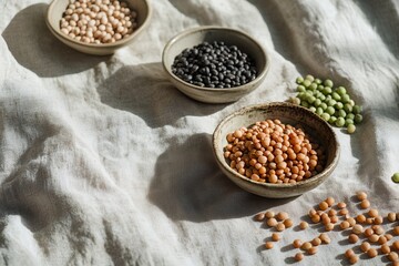 自然光に照らされた乾燥豆の盛り合わせ、黒豆・レンズ豆・ひよこ豆 | Assorted Dried Beans in Sunlight: Black Beans, Lentils, and Chickpeas