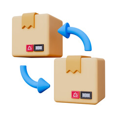Cartoon cardboard boxes, AI logo, blue curved arrows, package delivery concept, minimalist design, isometric view, 3D illustration, e-commerce icon, beige and blue color scheme, digital art style