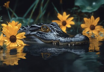 Obraz premium Close-up of Alligator's Head Surrounded by Yellow Flowers in a Tranquil Water Setting
