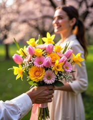Wedding proposal with flowers. Woman in blurred background. Man offering bouquet to his love. Engagement gift with colorful flowers
