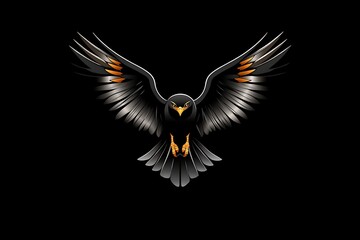 Obraz premium Symmetrical hawk logo with fully spread wings on a black background.