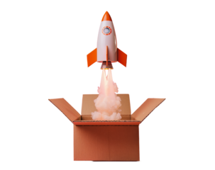 Launching pink rocket from the box in the sky, png