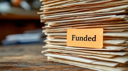 Stack of Papers with Funded Label on Wooden Desk