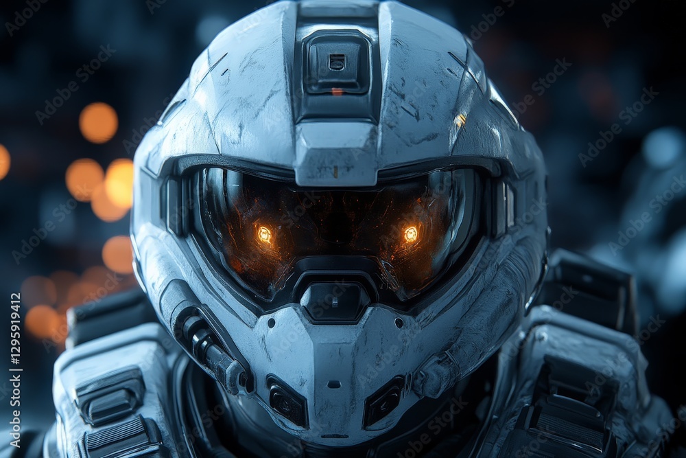 Poster futuristic soldier in advanced armor with glowing visor in a dramatic and high-tech environment