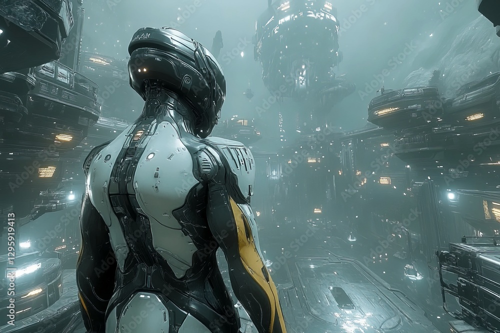 Poster futuristic character exploring a sci-fi cityscape with towering structures in a foggy atmosphere