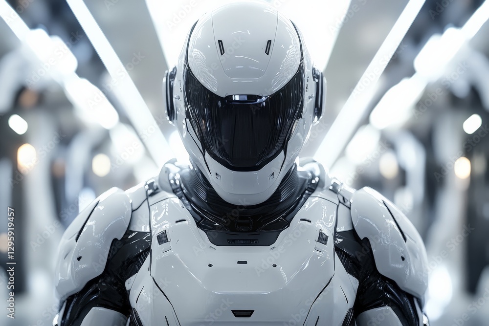 Poster futuristic humanoid robot standing in a high-tech facility with sleek design and advanced features