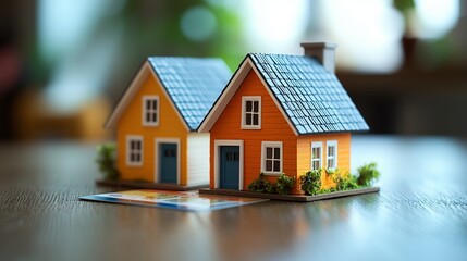 Colorful Miniature Houses on Rustic Wooden Table
