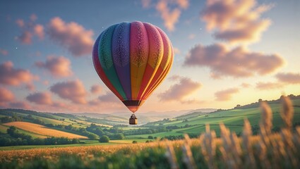 Fototapeta premium Hot air balloon glides over rolling hills during sunset, capturing the beauty of nature and adventure in the sky