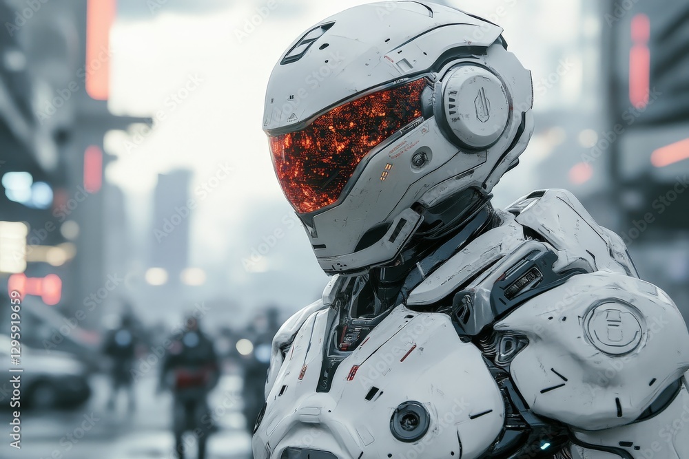 Poster Futuristic robot soldier standing in a bustling cityscape at dusk with glowing features and advanced technology