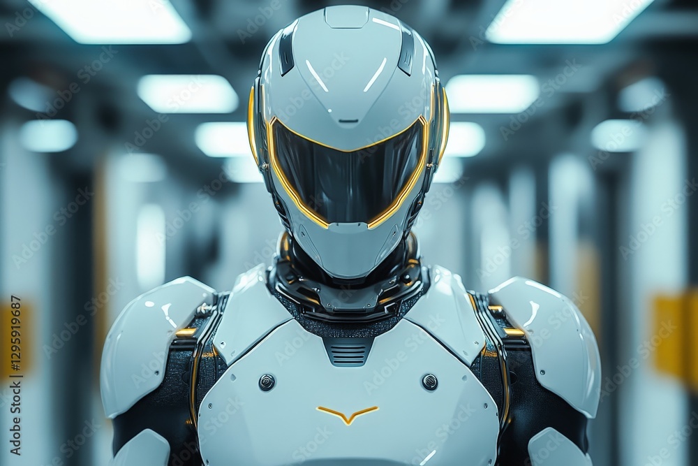 Aufkleber futuristic humanoid robot stands in a high-tech corridor with glowing accents during a demonstration
