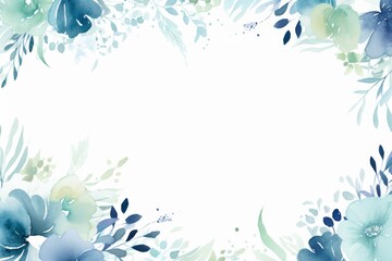 Green and light navy colors watercolor floral square frame on white background.