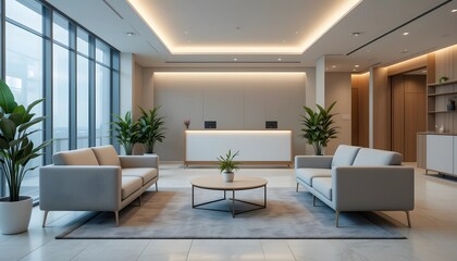 Minimalist Office Waiting Area with Neutral Tones and Soft Lighting