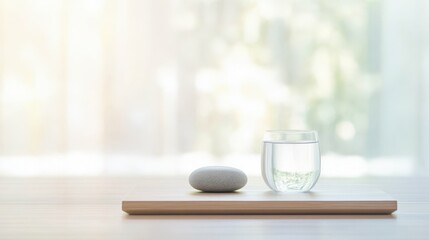 Tranquil still life with glass of water and stone on wooden surface