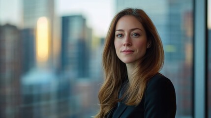 Professional woman with long hair standing near window, city skyline background, soft focus, wearing a black blazer, corporate environment, modern office space